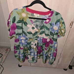 Umgee Multicolor Floral Blouse - Green, Pink, Blue